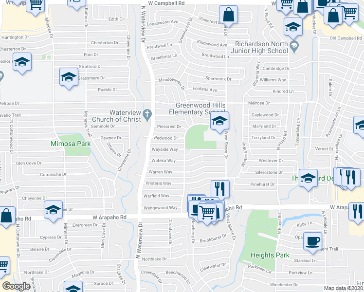 map of restaurants, bars, coffee shops, grocery stores, and more near 900 Wayside Way in Richardson