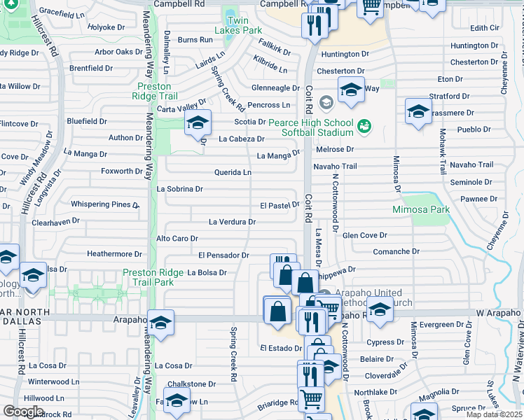 map of restaurants, bars, coffee shops, grocery stores, and more near 7825 La Verdura Drive in Dallas