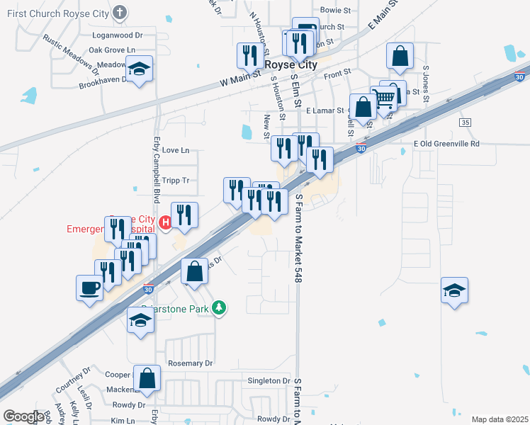 map of restaurants, bars, coffee shops, grocery stores, and more near Interstate 30 Frontage Road in Royse City