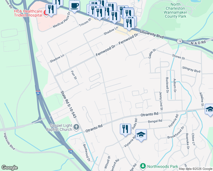 map of restaurants, bars, coffee shops, grocery stores, and more near 8810 Deerwood Drive in North Charleston