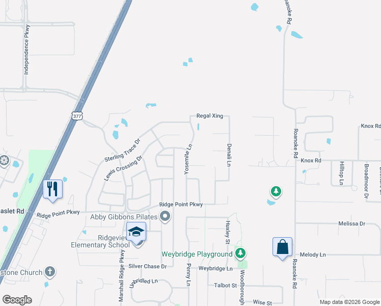 map of restaurants, bars, coffee shops, grocery stores, and more near 1904 Yosemite Lane in Keller