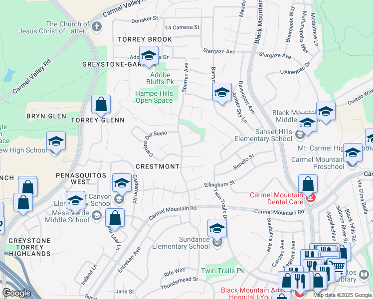 map of restaurants, bars, coffee shops, grocery stores, and more near 8813 Greenberg Lane in San Diego