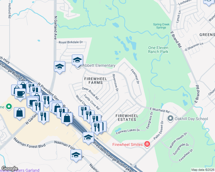 map of restaurants, bars, coffee shops, grocery stores, and more near 5806 Harbor Town Drive in Garland