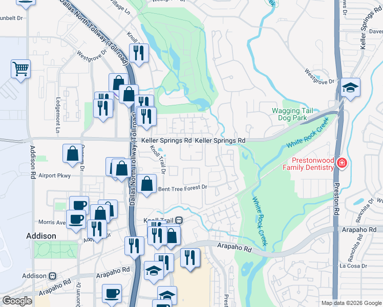 map of restaurants, bars, coffee shops, grocery stores, and more near 5300 Keller Springs Road in Dallas
