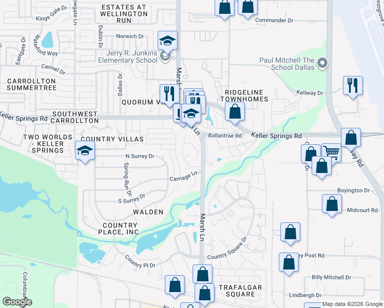 map of restaurants, bars, coffee shops, grocery stores, and more near 2121 Marsh Lane in Carrollton