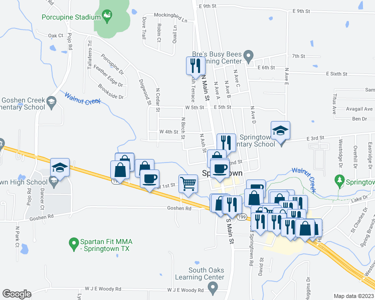 map of restaurants, bars, coffee shops, grocery stores, and more near 208 Walnut Bend Road in Springtown