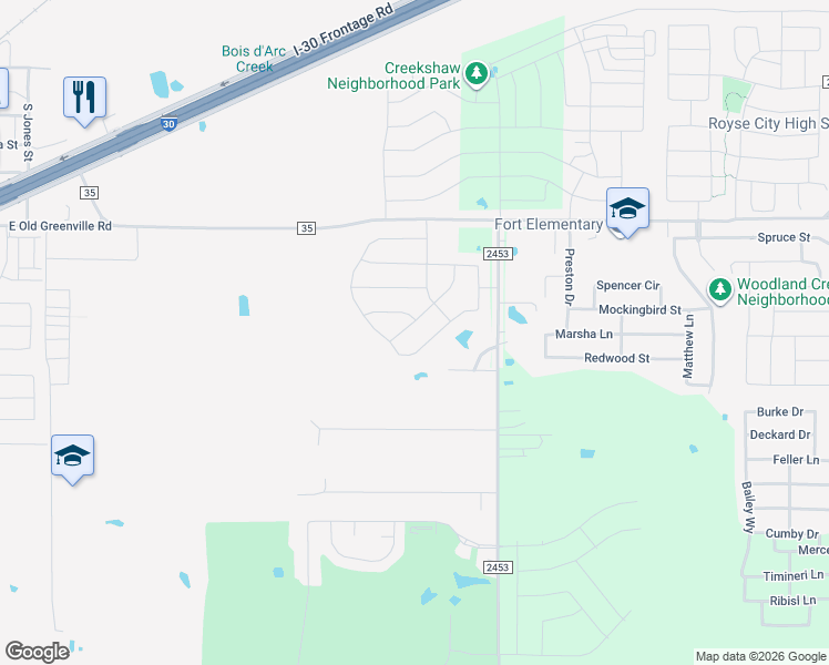 map of restaurants, bars, coffee shops, grocery stores, and more near 482 Farm to Market Road 2453 in Royse City