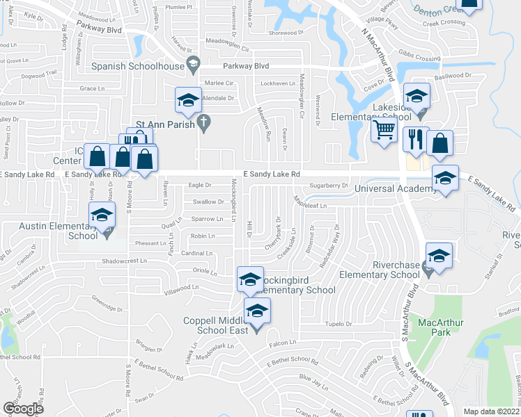 map of restaurants, bars, coffee shops, grocery stores, and more near 132 Hill Drive in Coppell