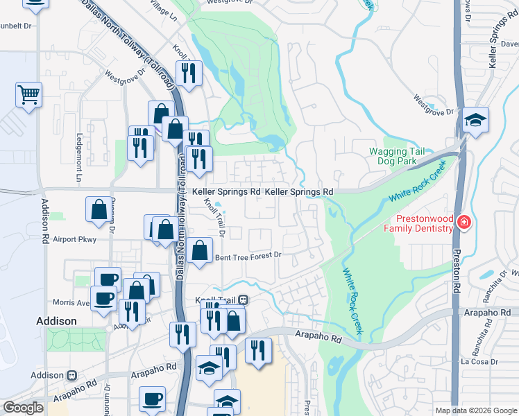 map of restaurants, bars, coffee shops, grocery stores, and more near 5300 Keller Springs Road in Dallas
