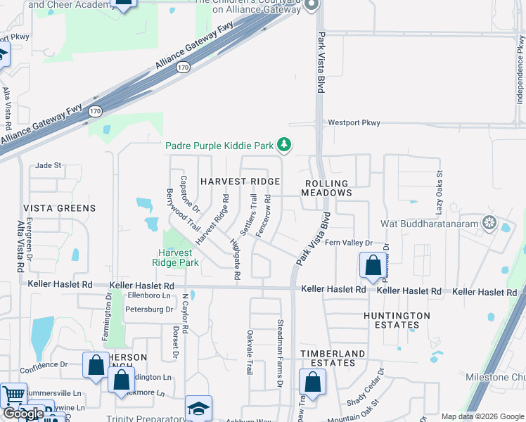 map of restaurants, bars, coffee shops, grocery stores, and more near 13133 Fencerow Road in Fort Worth