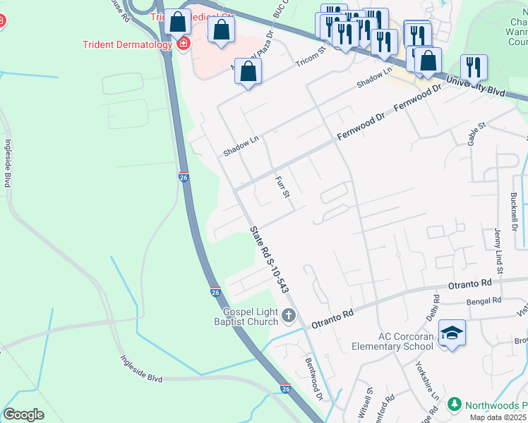 map of restaurants, bars, coffee shops, grocery stores, and more near 8967 Buck Run Court in North Charleston