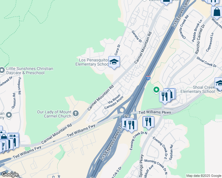 map of restaurants, bars, coffee shops, grocery stores, and more near 11026 Via Parma in San Diego