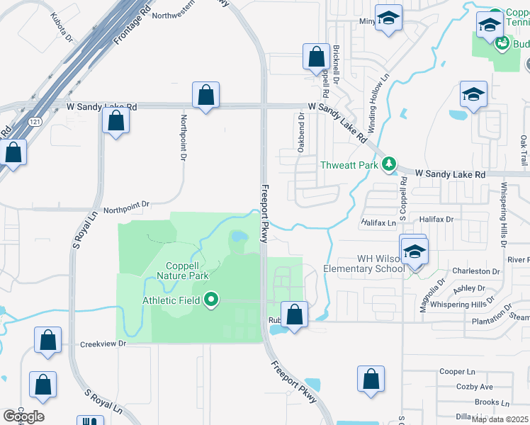 map of restaurants, bars, coffee shops, grocery stores, and more near 220 Freeport Parkway in Coppell