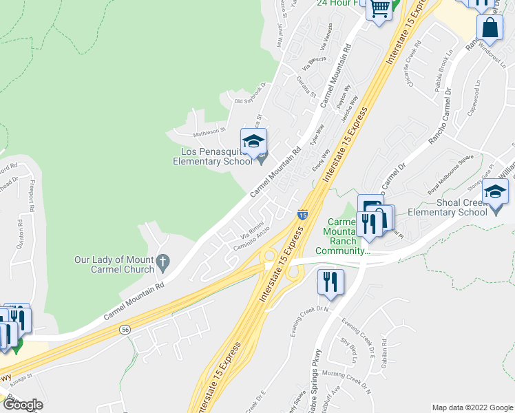 map of restaurants, bars, coffee shops, grocery stores, and more near 10673 Carmel Mountain Road in San Diego