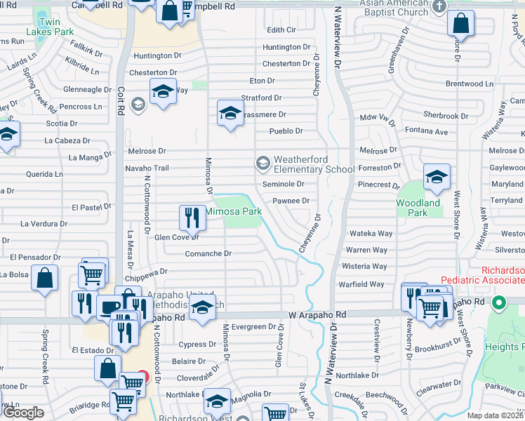 map of restaurants, bars, coffee shops, grocery stores, and more near 1224 Glen Cove Drive in Richardson