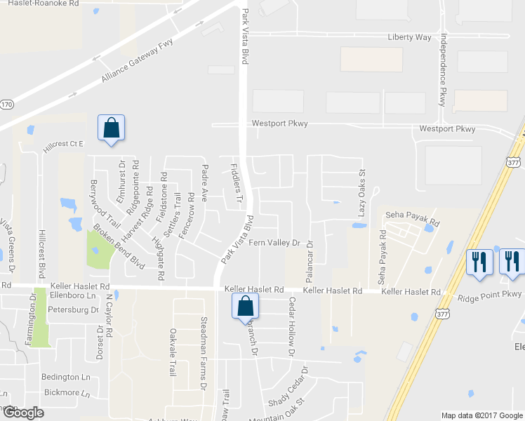 map of restaurants, bars, coffee shops, grocery stores, and more near 13125 Red Robin Drive in Fort Worth