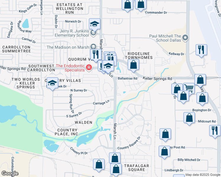 map of restaurants, bars, coffee shops, grocery stores, and more near 2121 Marsh Lane in Carrollton