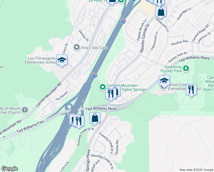 map of restaurants, bars, coffee shops, grocery stores, and more near 11134 Provencal Place in San Diego