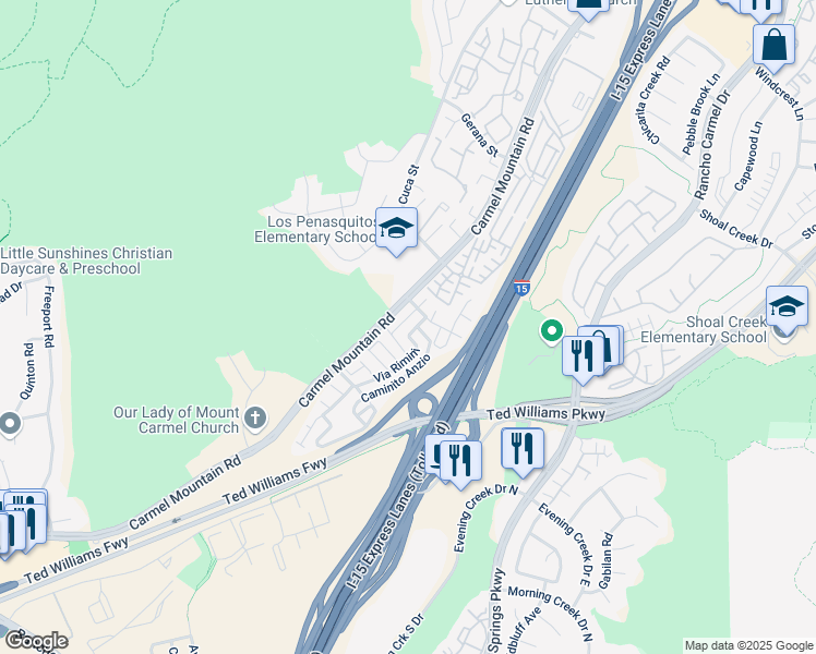 map of restaurants, bars, coffee shops, grocery stores, and more near 11026 Via Parma in San Diego