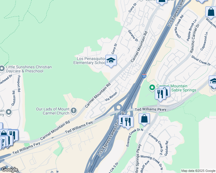 map of restaurants, bars, coffee shops, grocery stores, and more near 11026 Via Parma in San Diego