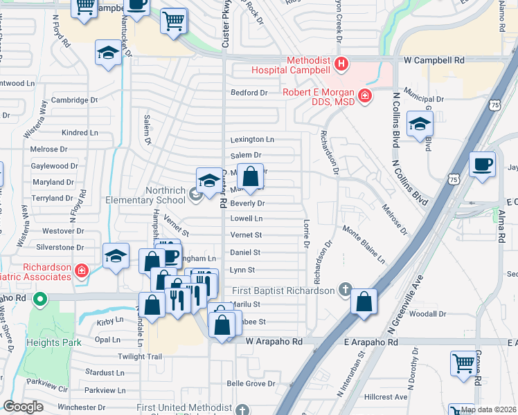 map of restaurants, bars, coffee shops, grocery stores, and more near 425 Lowell Lane in Richardson