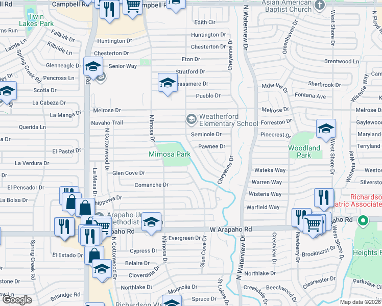 map of restaurants, bars, coffee shops, grocery stores, and more near 1224 Glen Cove Drive in Richardson