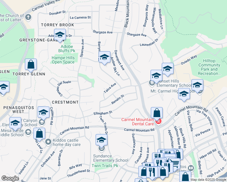 map of restaurants, bars, coffee shops, grocery stores, and more near 9010 Oviedo Street in San Diego