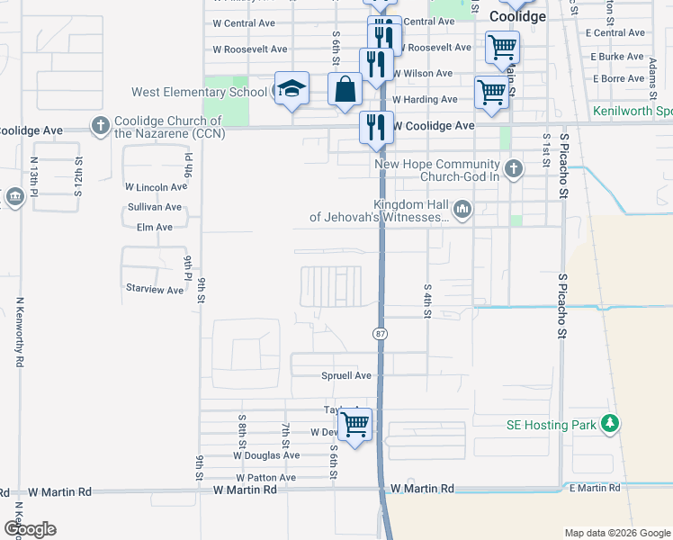 map of restaurants, bars, coffee shops, grocery stores, and more near 1050 South Arizona Boulevard in Coolidge