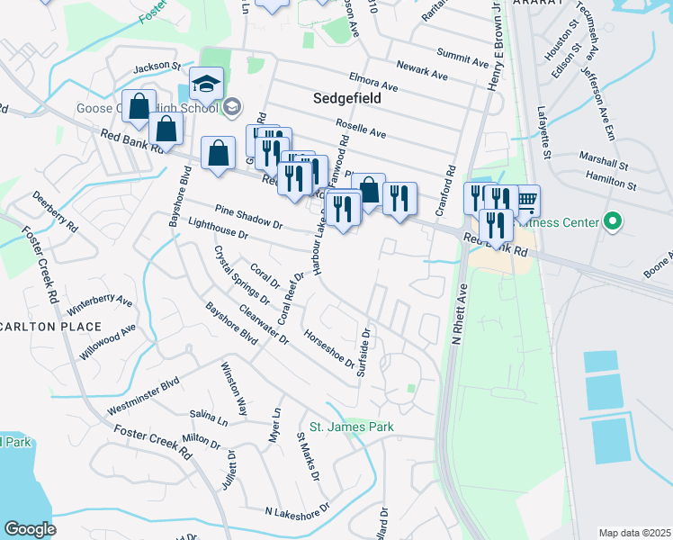 map of restaurants, bars, coffee shops, grocery stores, and more near 2055 Harbour Lake Drive in Goose Creek