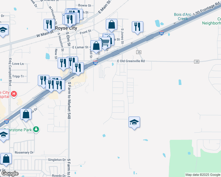 map of restaurants, bars, coffee shops, grocery stores, and more near 928 Cemetery Road in Royse City