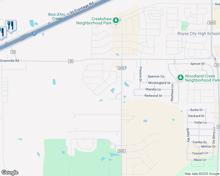 map of restaurants, bars, coffee shops, grocery stores, and more near 470 Farm to Market Road 2453 in Royse City