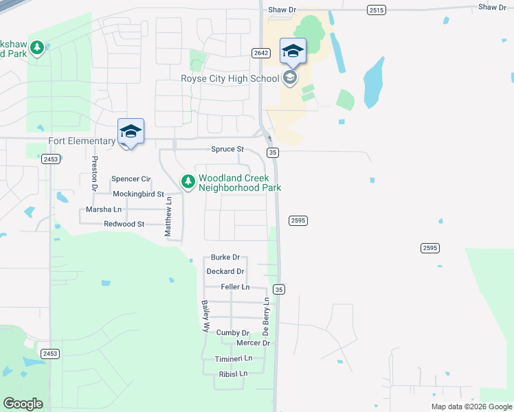 map of restaurants, bars, coffee shops, grocery stores, and more near 3462 Oak Lane in Royse City