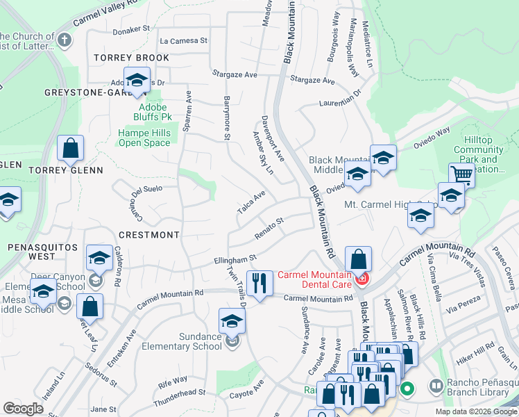 map of restaurants, bars, coffee shops, grocery stores, and more near 9010 Oviedo Street in San Diego