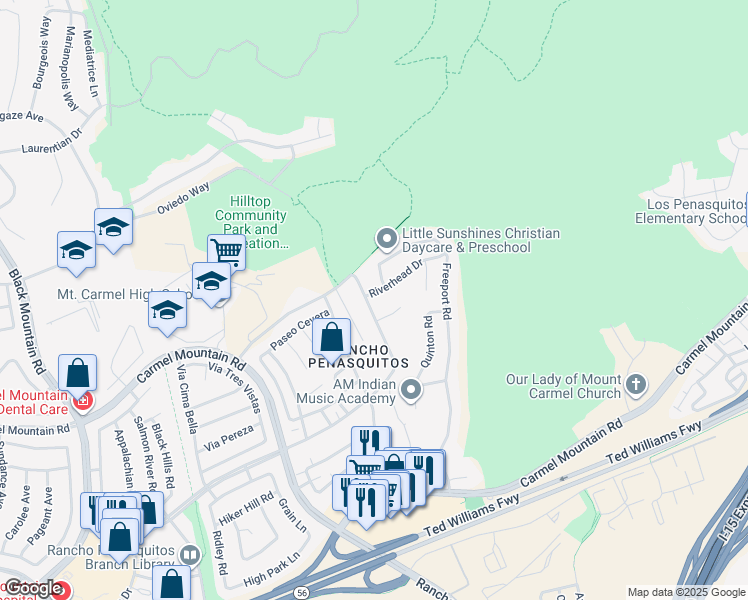 map of restaurants, bars, coffee shops, grocery stores, and more near 9959 Riverhead Drive in San Diego