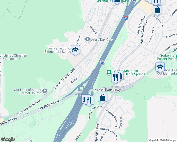 map of restaurants, bars, coffee shops, grocery stores, and more near 92 Caminito Quevedo in San Diego