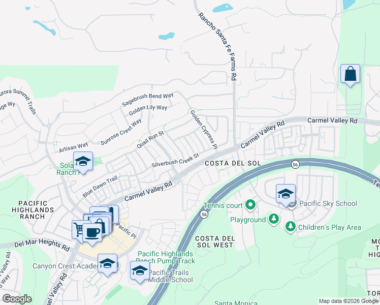 map of restaurants, bars, coffee shops, grocery stores, and more near 13574 Arroyo Dale Lane in San Diego