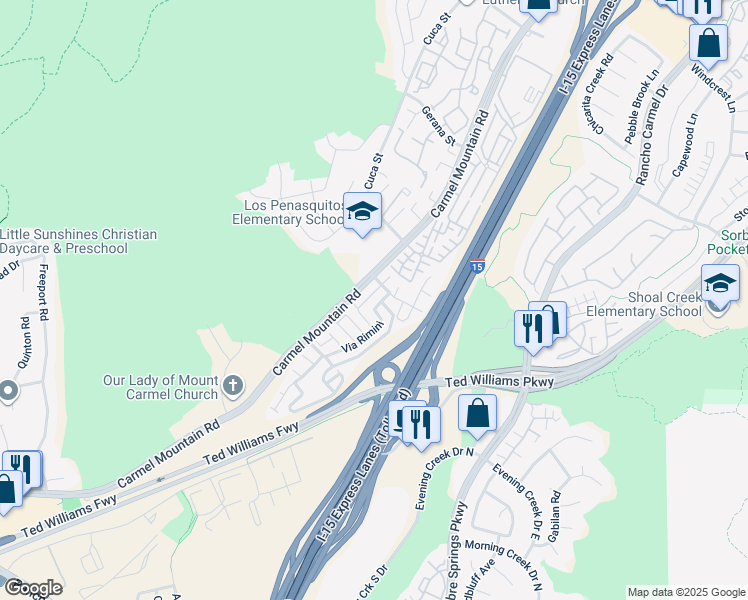 map of restaurants, bars, coffee shops, grocery stores, and more near 13936 Via Rimini in San Diego