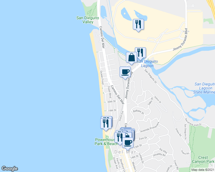 map of restaurants, bars, coffee shops, grocery stores, and more near 144 22nd Street in Del Mar