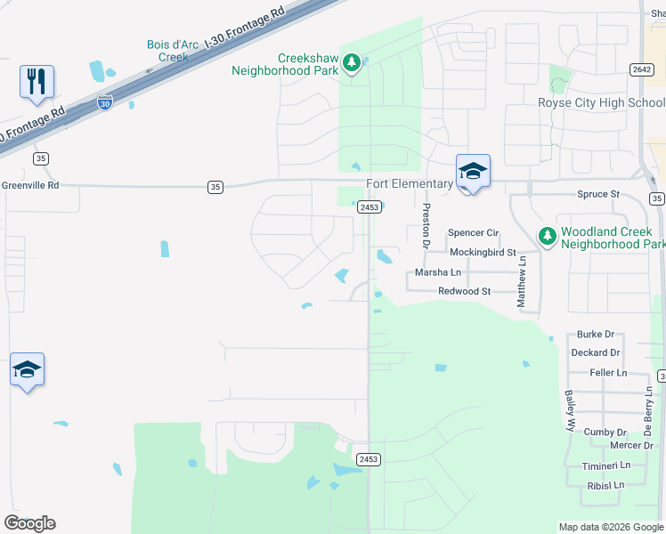map of restaurants, bars, coffee shops, grocery stores, and more near 203 Jacaranda Drive in Royse City
