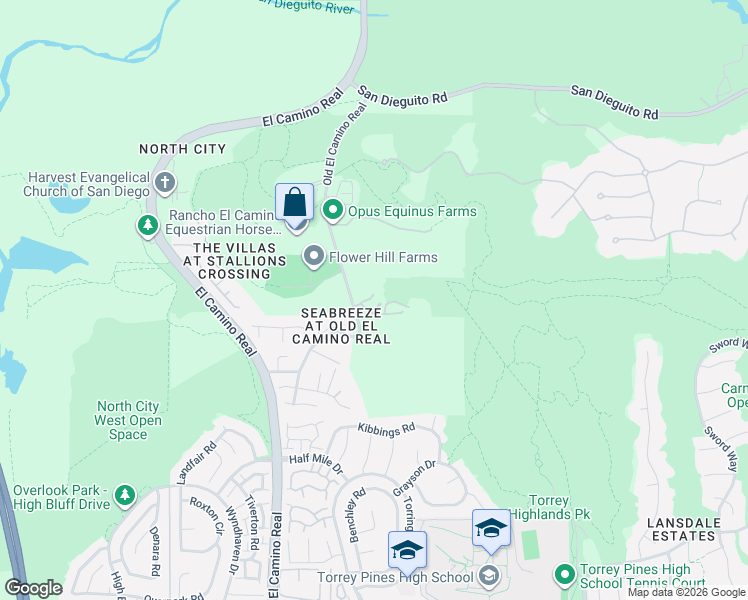 map of restaurants, bars, coffee shops, grocery stores, and more near 13823 Old El Camino Real in San Diego