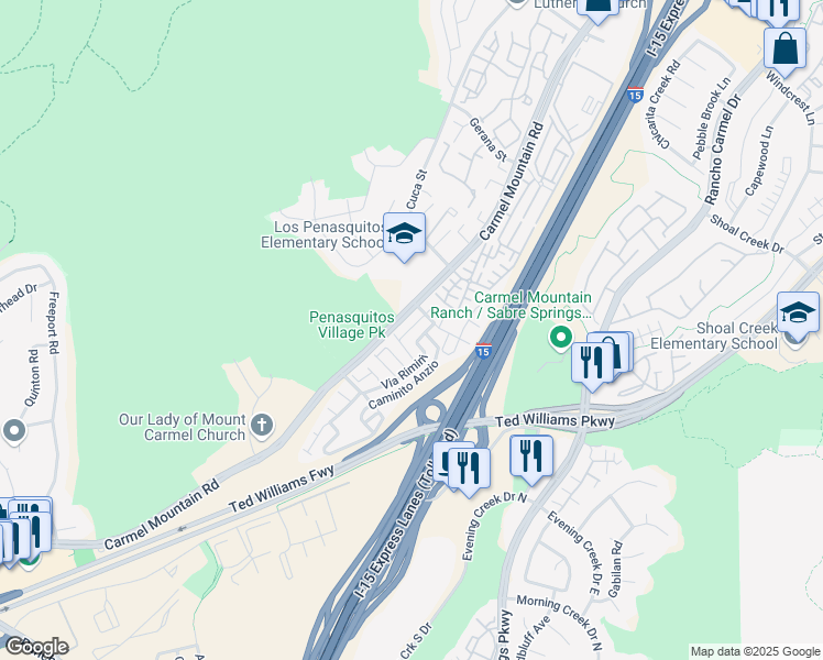 map of restaurants, bars, coffee shops, grocery stores, and more near 13936 Via Rimini in San Diego