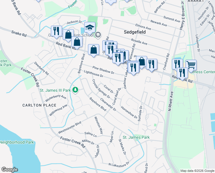 map of restaurants, bars, coffee shops, grocery stores, and more near 10 Coral Drive in Goose Creek
