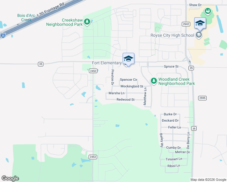 map of restaurants, bars, coffee shops, grocery stores, and more near 2608 Marsha Lane in Royse City