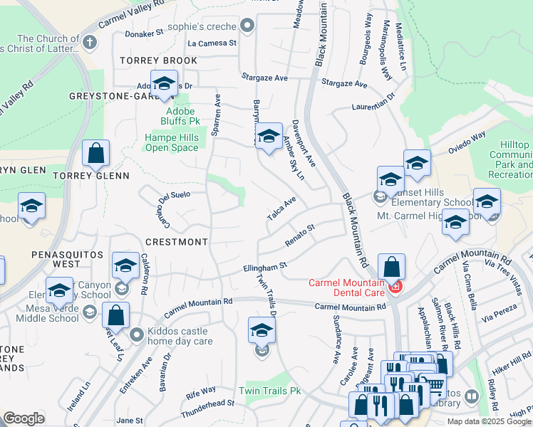 map of restaurants, bars, coffee shops, grocery stores, and more near 8985 Talca Court in San Diego