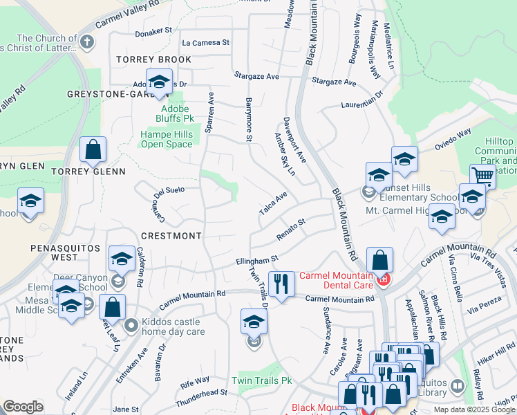 map of restaurants, bars, coffee shops, grocery stores, and more near 8985 Talca Court in San Diego