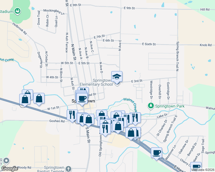 map of restaurants, bars, coffee shops, grocery stores, and more near 220 North Avenue D in Springtown