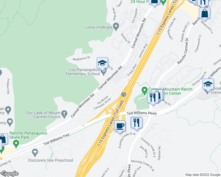 map of restaurants, bars, coffee shops, grocery stores, and more near 11026 Via San Marco in San Diego