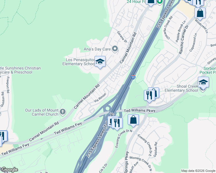 map of restaurants, bars, coffee shops, grocery stores, and more near 13921 Via Rimini in San Diego