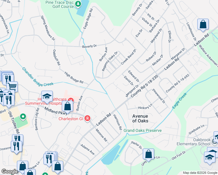map of restaurants, bars, coffee shops, grocery stores, and more near 24 Creek Bend Drive in Summerville