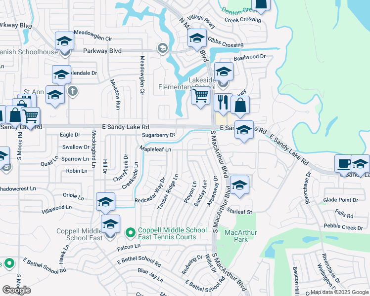 map of restaurants, bars, coffee shops, grocery stores, and more near 941 Sugarberry Drive in Coppell
